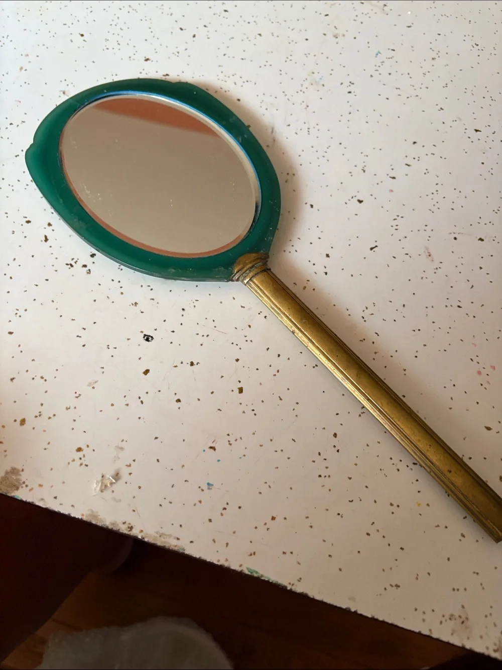 Green and Brass Handheld Vanity Mirror -Vintage
